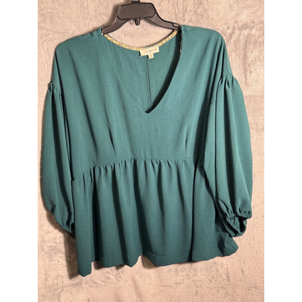 Umgee‎ USA Green Textured Babydoll Blouse Plus Size 2XL Balloon Sleeve V Neck